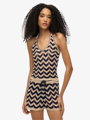 Superdry Blue Zigzag Knit Plunge Halter Blouse - Image 1 of 6