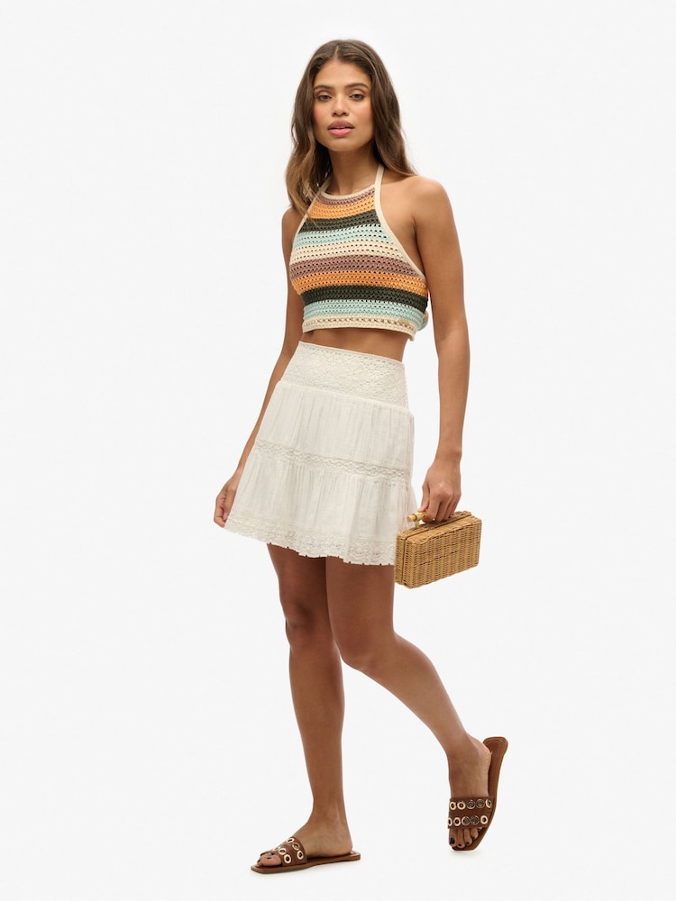 Superdry White Ibiza Lace Mix 100% Cotton Mini Skirt - Image 5 of 6