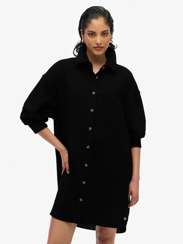 Superdry Black Ibiza Longline Beach 100% Cotton Shirt - Image 2 of 6 Superdry Black Ibiza Longline Beach 100% Cotton Shirt - Image 2 of 6