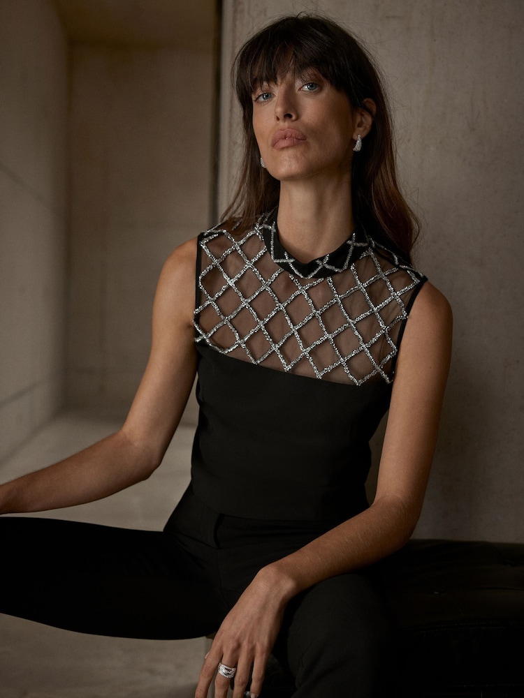 Mint Velvet Black Embellished Mesh Top - Image 1 of 8