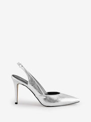 Mint Velvet Silver Leather Slingback Heels - Image 1 of 1