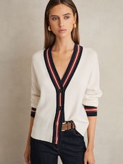 Reiss White Mila Wool Cashmere Stripe Trim Cardigan - Image 1 of 6