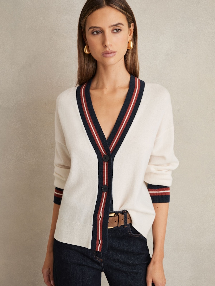 Reiss White Mila Wool Cashmere Stripe Trim Cardigan - Image 1 of 6