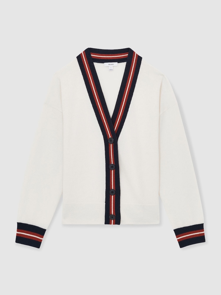 Reiss White Mila Wool Cashmere Stripe Trim Cardigan - Image 2 of 6
