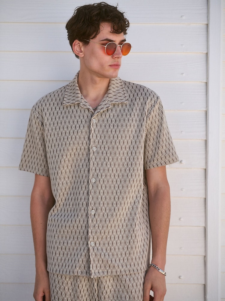 Géométrique neutre - Cuban Col Textured Jersey Manches courtes Chemises - Image 5 of 8