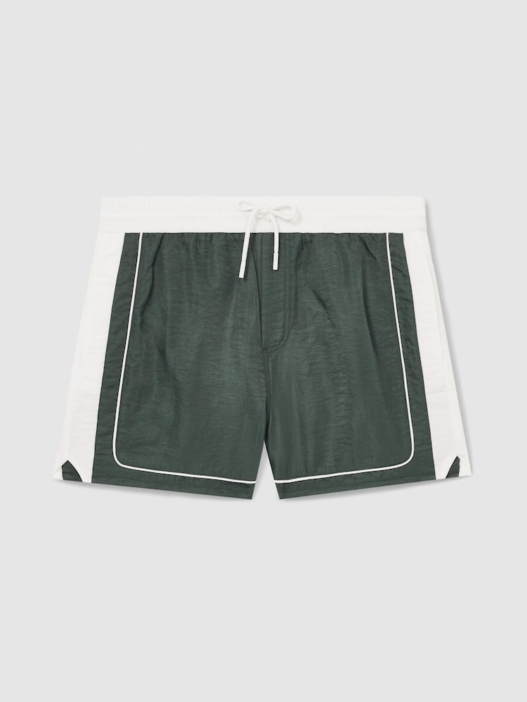 Reiss Dark Green/White Cano Colour-Block Piped-Trim Swim Shorts - Image 2 of 5