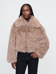 Gap Beige Cropped Faux Fur Jacket - Image 1 of 7