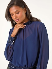 Roman Blue High Neck Chiffon Sequin Stretch Top - Image 3 of 6