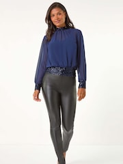 Roman Blue High Neck Chiffon Sequin Stretch Top - Image 5 of 6