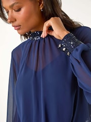 Roman Blue High Neck Chiffon Sequin Stretch Top - Image 6 of 6