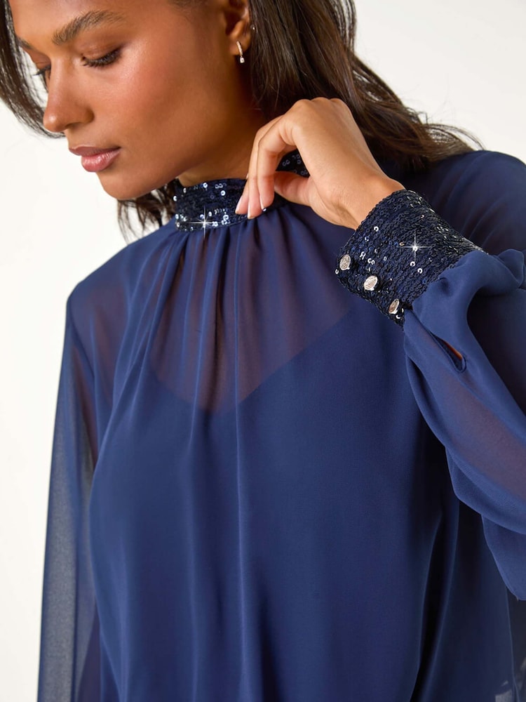 Roman Blue High Neck Chiffon Sequin Stretch Top - Image 6 of 6