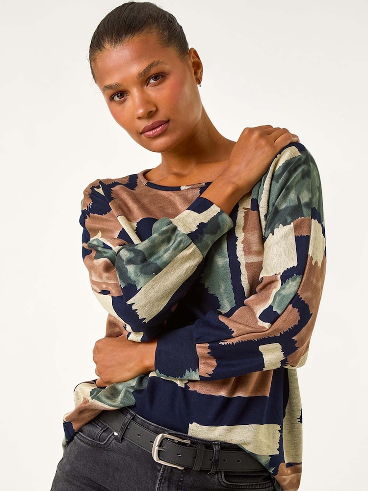 Roman Brown Abstract Print Constrast Hem Stretch Top - Image 1 of 5