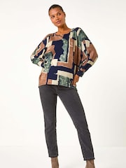 Roman Brown Abstract Print Constrast Hem Stretch Top - Image 2 of 5