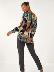 Roman Brown Abstract Print Constrast Hem Stretch Top - Image 3 of 5