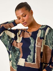 Roman Brown Abstract Print Constrast Hem Stretch Top - Image 4 of 5