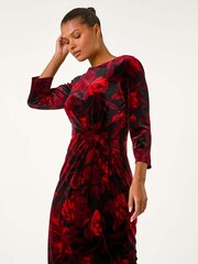 Roman Red Velvet Rose Print Side Twist Shift Dress - Image 1 of 5