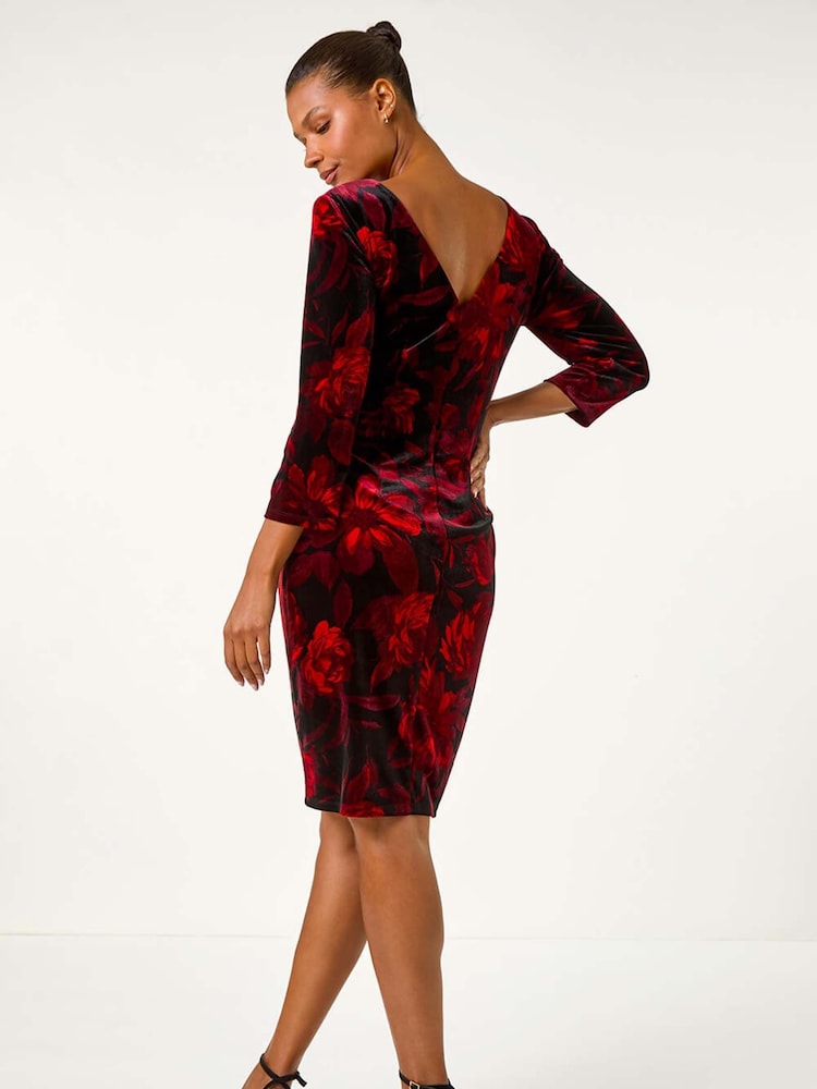 Roman Red Velvet Rose Print Side Twist Shift Dress - Image 2 of 5