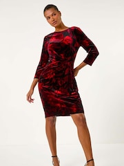 Roman Red Velvet Rose Print Side Twist Shift Dress - Image 3 of 5