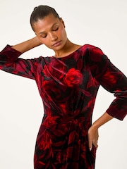 Roman Red Velvet Rose Print Side Twist Shift Dress - Image 4 of 5