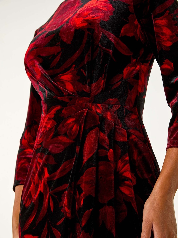 Roman Red Velvet Rose Print Side Twist Shift Dress - Image 5 of 5