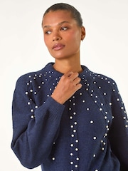 Roman Blue Pearl Embellished Cable Knit Jumper - Image 2 of 5