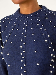 Roman Blue Pearl Embellished Cable Knit Jumper - Image 3 of 5