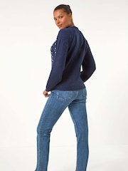 Roman Blue Pearl Embellished Cable Knit Jumper - Image 4 of 5