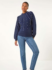 Roman Blue Pearl Embellished Cable Knit Jumper - Image 5 of 5