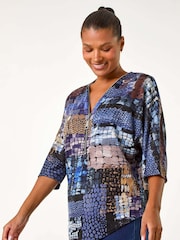 Roman Blue Abstract Print Front Zip Stretch Top - Image 1 of 5