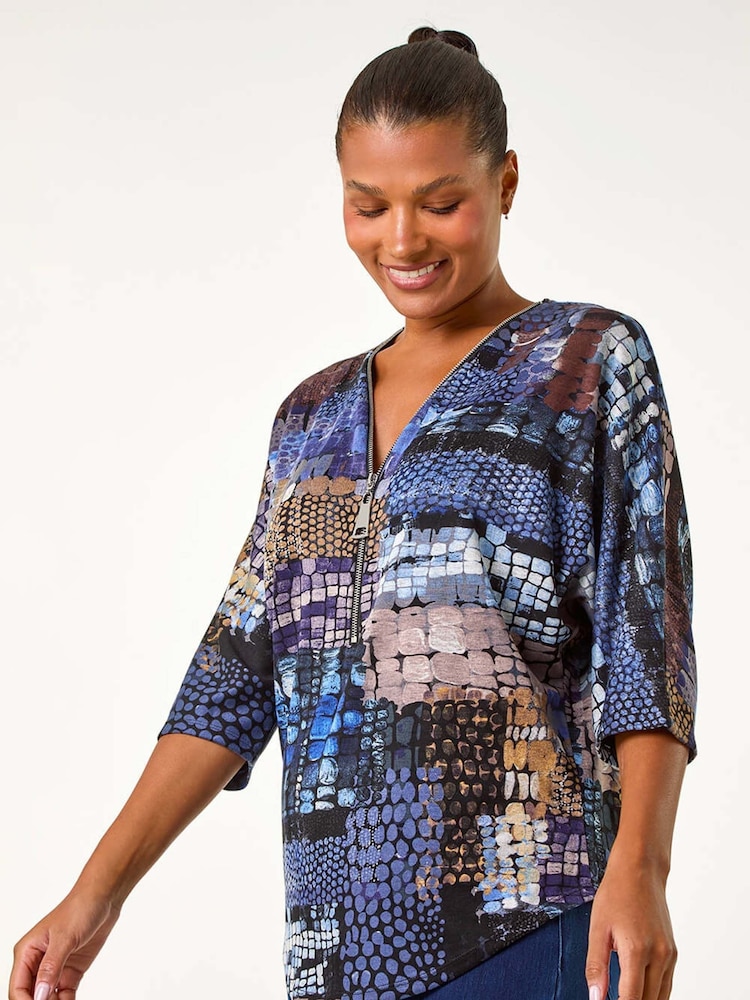 Roman Blue Abstract Print Front Zip Stretch Top - Image 1 of 5 Roman Blue Abstract Print Front Zip Stretch Top - Image 1 of 5