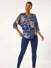 Roman Blue Abstract Print Front Zip Stretch Top - Image 2 of 5