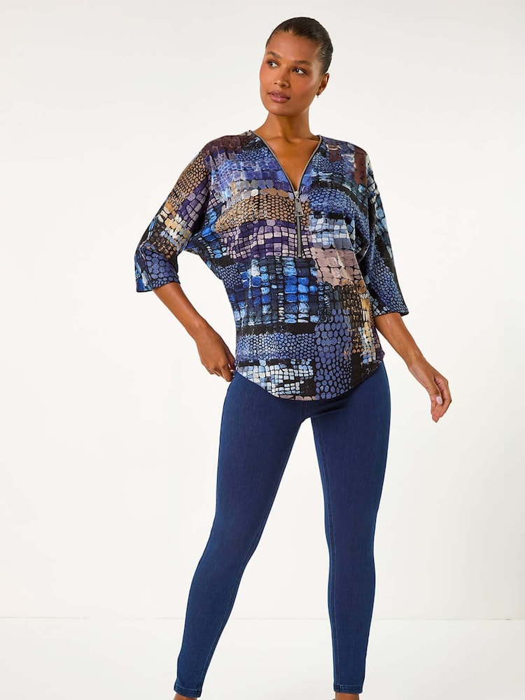 Roman Blue Abstract Print Front Zip Stretch Top - Image 2 of 5