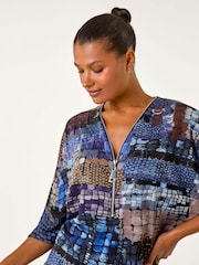 Roman Blue Abstract Print Front Zip Stretch Top - Image 4 of 5