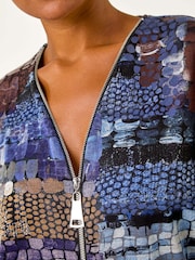 Roman Blue Abstract Print Front Zip Stretch Top - Image 5 of 5