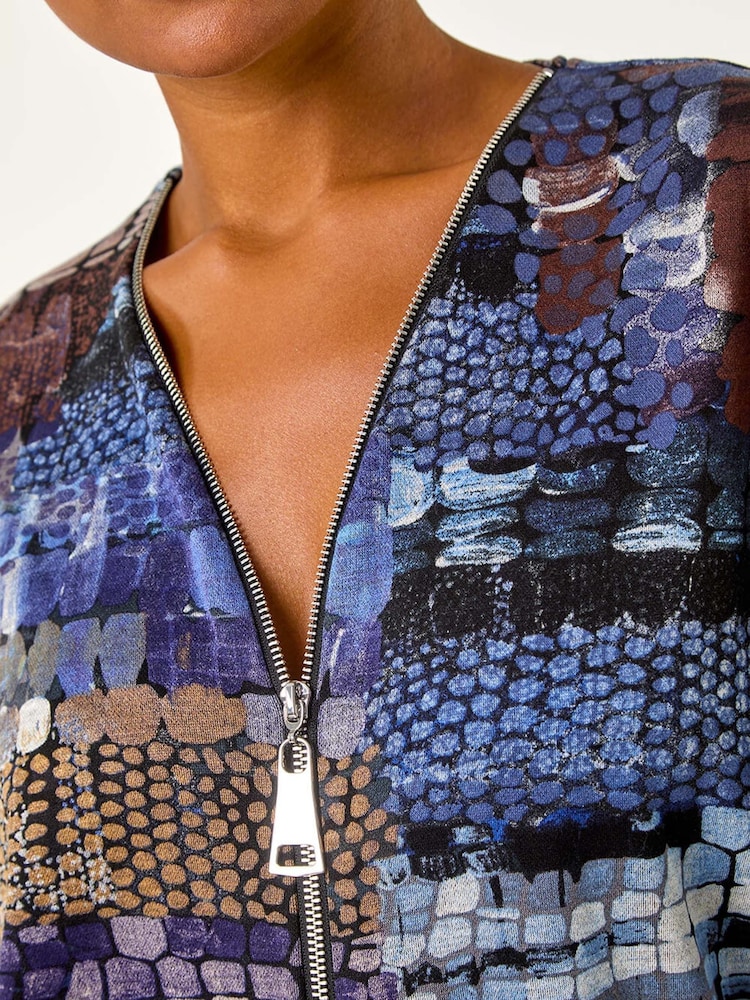 Roman Blue Abstract Print Front Zip Stretch Top - Image 5 of 5