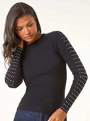 Roman Black Hotfix Stud Sleeve Jumper - Image 1 of 5