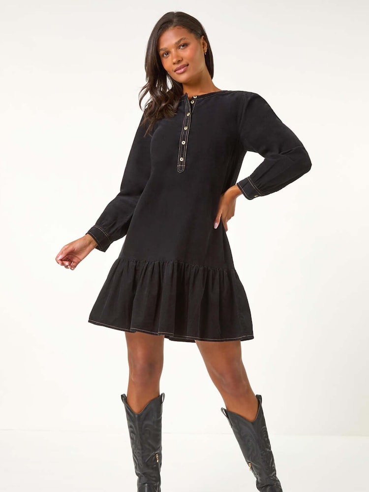 Roman Black Corduroy Button Detail A-Line 100% Cotton Dress - Image 1 of 5