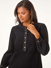 Roman Black Corduroy Button Detail A-Line 100% Cotton Dress - Image 4 of 5