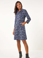 Roman Purple Abstract Cowl Tab Detail Dress - Image 1 of 5