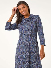 Roman Purple Abstract Cowl Tab Detail Dress - Image 2 of 5