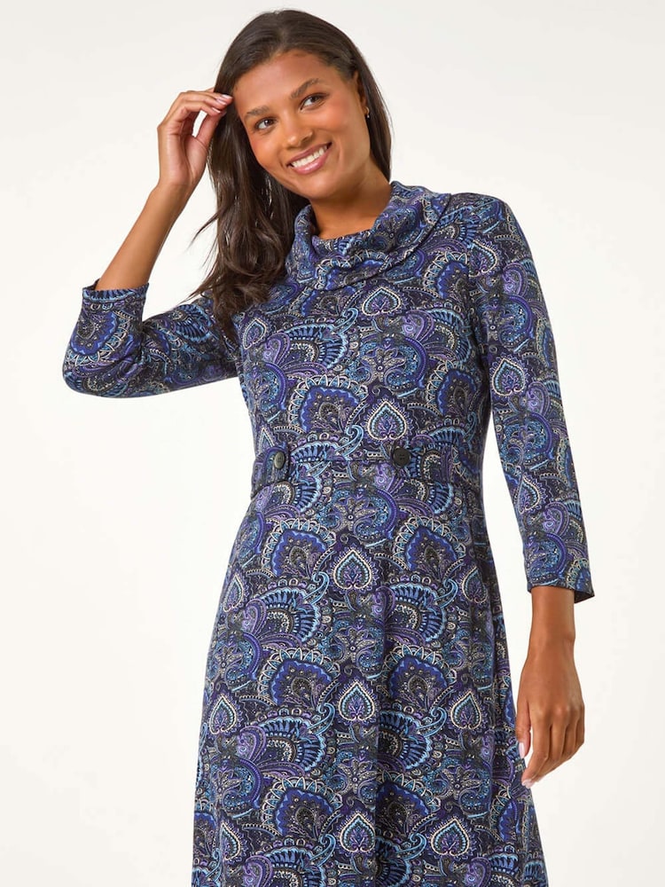 Roman Purple Abstract Cowl Tab Detail Dress - Image 2 of 5