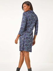 Roman Purple Abstract Cowl Tab Detail Dress - Image 3 of 5