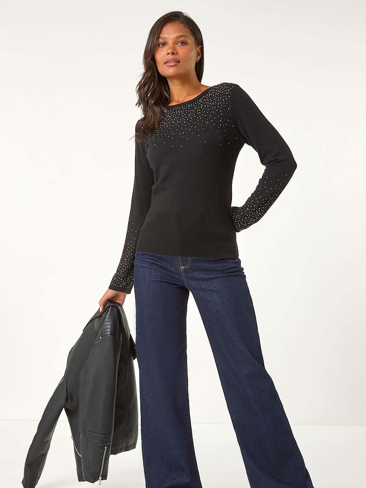 Roman Black Hotfix Embellished Sleeve Knit Jumper - Image 1 of 6