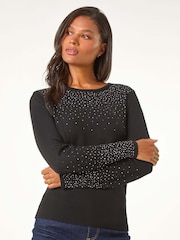 Roman Black Hotfix Embellished Sleeve Knit Jumper - Image 3 of 6