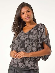 Roman Pink Glitter Print Banded Hem Stretch Top - Image 1 of 5