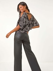 Roman Pink Glitter Print Banded Hem Stretch Top - Image 2 of 5