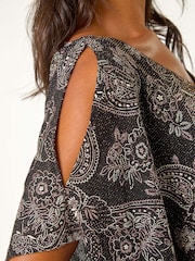 Roman Pink Glitter Print Banded Hem Stretch Top - Image 5 of 5