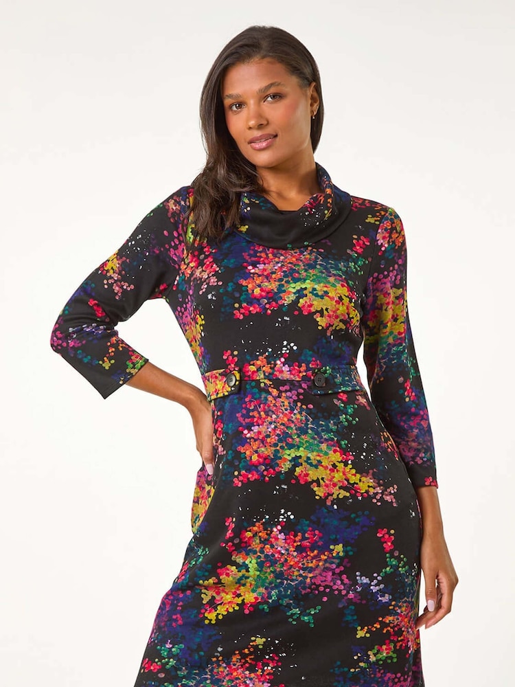 Roman Black Abstract Print Ponte Tab Detail Dress - Image 2 of 5