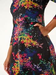 Roman Black Abstract Print Ponte Tab Detail Dress - Image 5 of 5