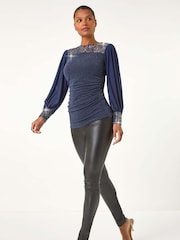 Roman Blue Sequin Yoke Mesh Sleeve Top - Image 1 of 5
